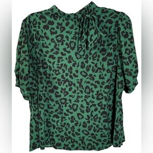 2XL Green & Black Animal Print Tie Detail Short Sleeve Blouse